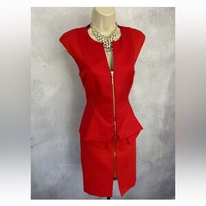 TED BAKER Red Jumana Peplum Dress With Front Gold Tone